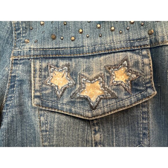 V Cristina Star Embellished Denim Jacket Medium Rhinestone Buttons Comfort - Picture 4 of 6